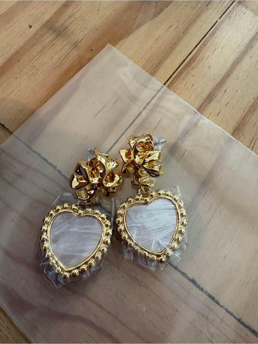 Gold Heart Drop Earrings with White Stone Accents